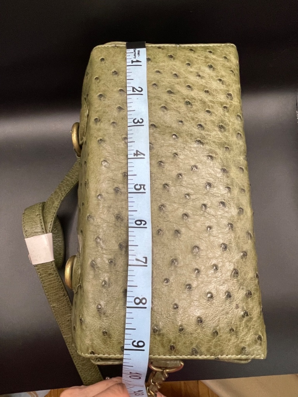 Vintage SMK Faux Ostrich Leather Olive Green Box Purse Handbag Cosmetic Case - Picture 8 of 15